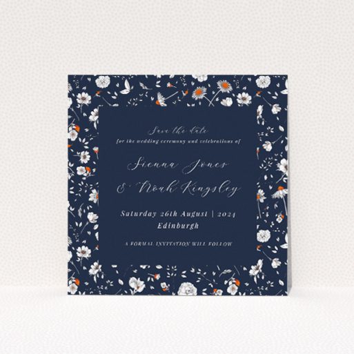 Orange Bloom Wedding Save the Date Card Template - Midnight Garden with White Flowers and Orange Accents. This is a view of the front
