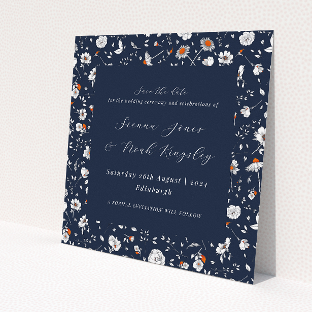 Orange Bloom Wedding Save the Date Card Template - Midnight Garden with White Flowers and Orange Accents. This is a view of the front