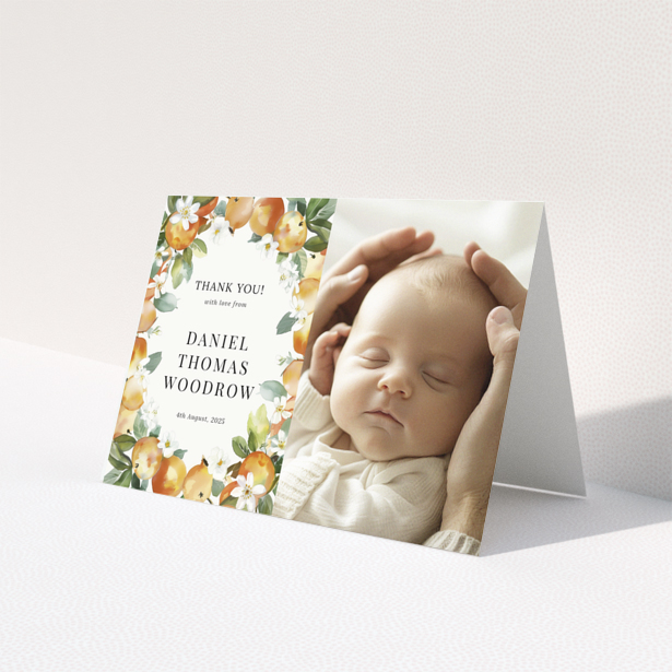 Baby thank you card with floral design featuring one baby photo