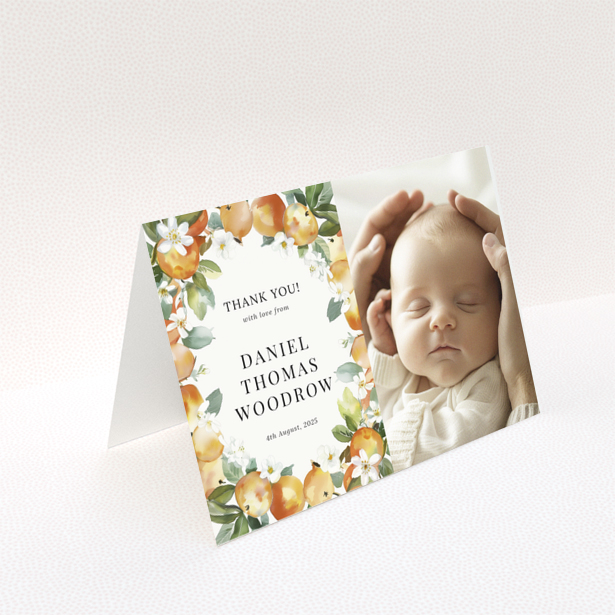 Baby thank you card with floral design featuring one baby photo