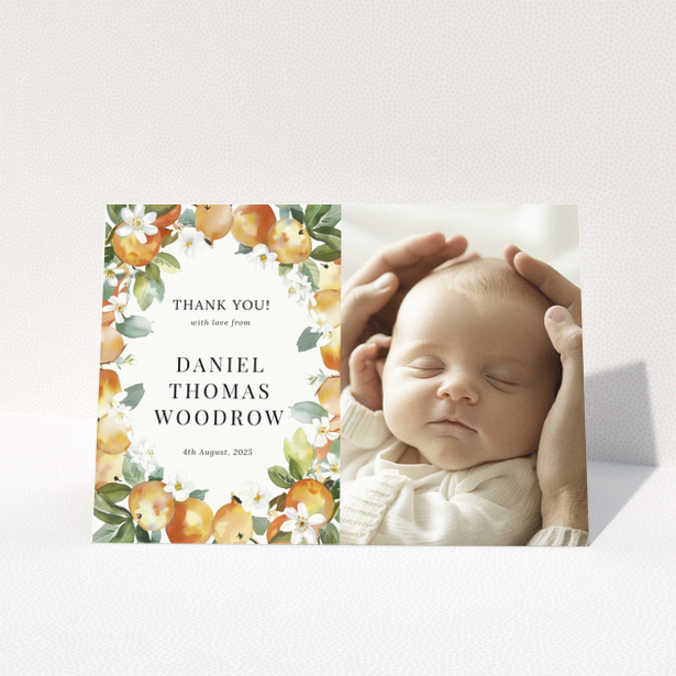 Baby thank you card with floral design featuring one baby photo