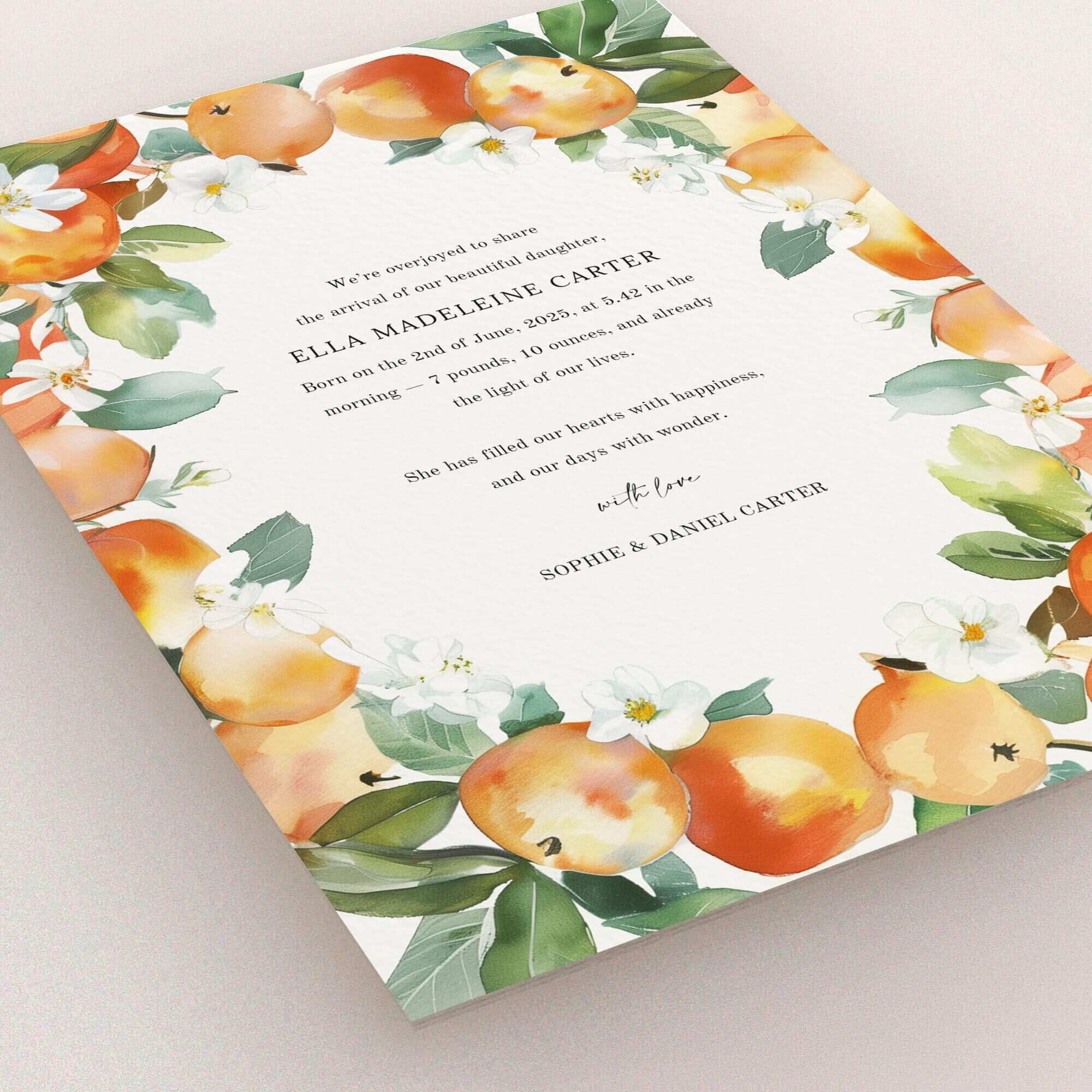 Floral birth announcement card design with no photos, featuring orange and green botanical elements.