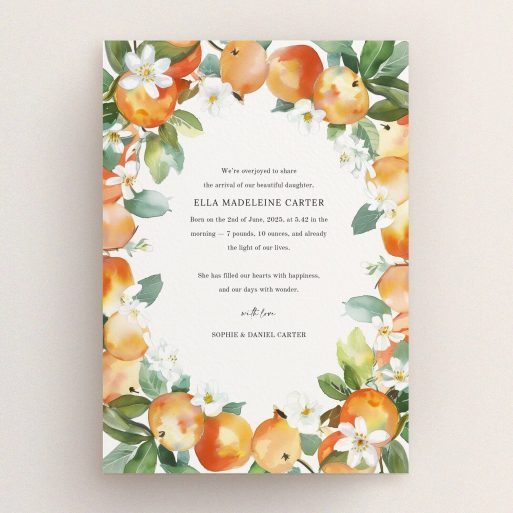 Floral birth announcement card design with no photos, featuring orange and green botanical elements.