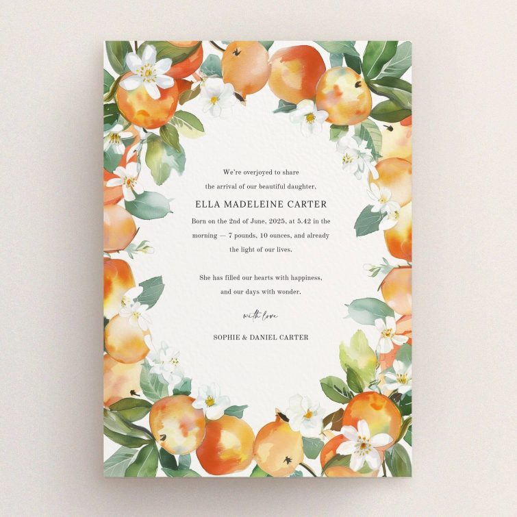Floral birth announcement card design with no photos, featuring orange and green botanical elements.
