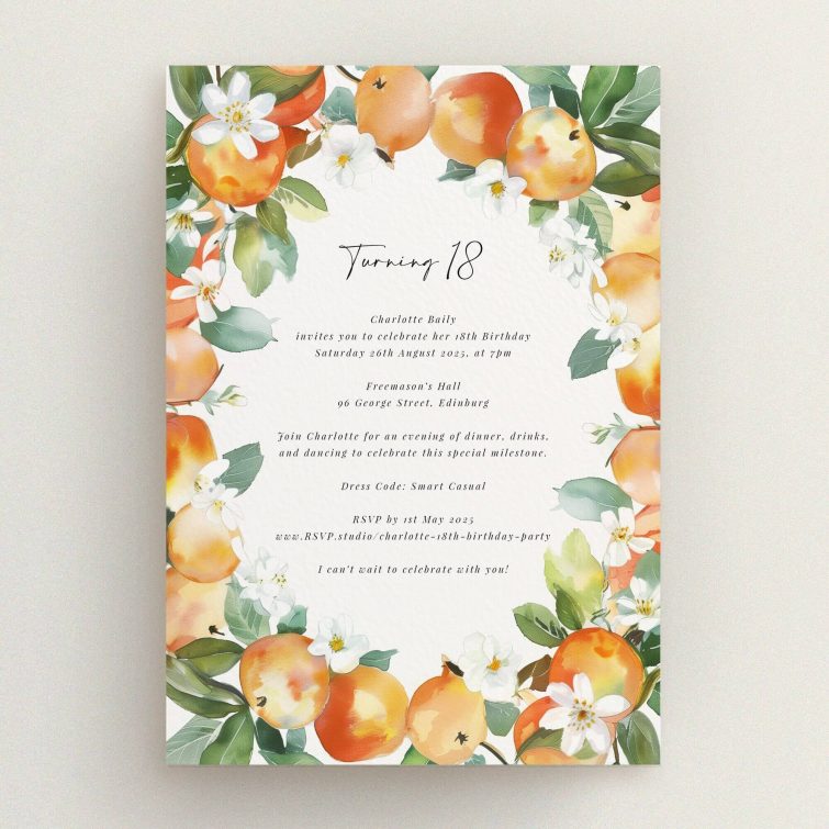 Floral themed 18th birthday invitation with orange and white blooms.