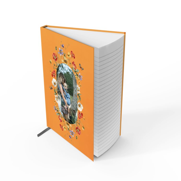 Custom floral design portrait notebook cover with one photo placeholder, ideal for personalised stationery from Utterly Printable.