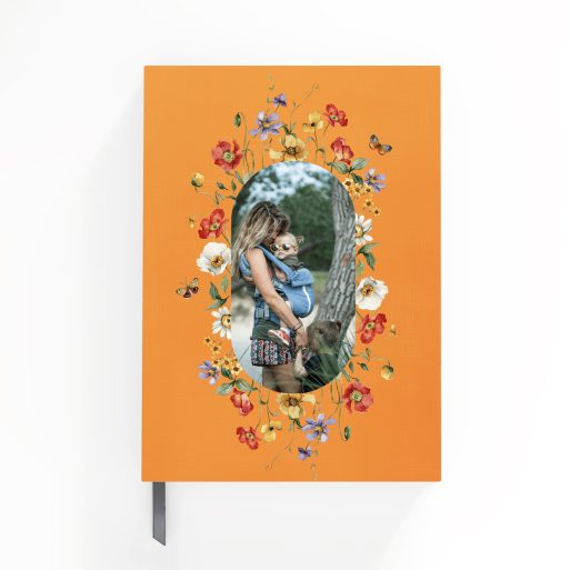 Custom floral design portrait notebook cover with one photo placeholder, ideal for personalised stationery from Utterly Printable.