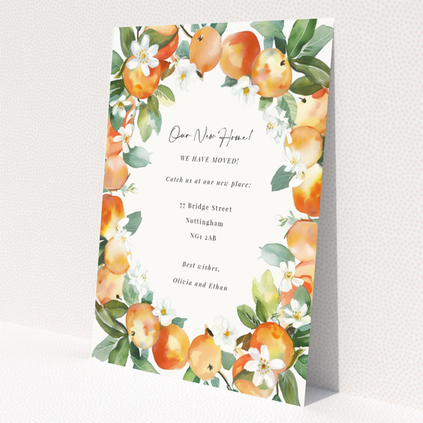 Floral change of address card design with fruit illustrations and decorative text, featuring one photo.