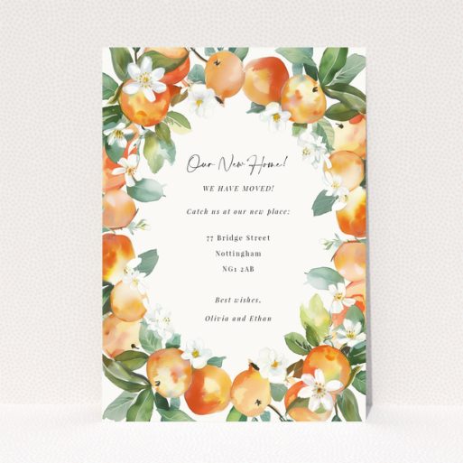 Floral change of address card design with fruit illustrations and decorative text, featuring one photo.