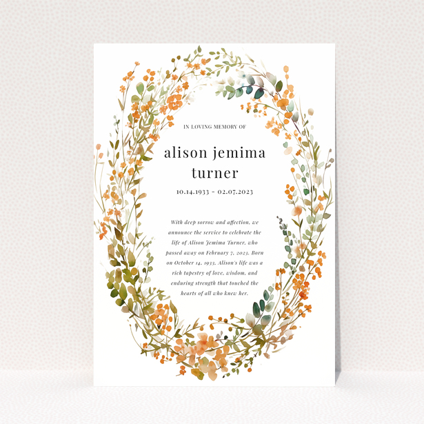 Floral funeral announcement design with no photos featuring the name Alison Jemima Turner