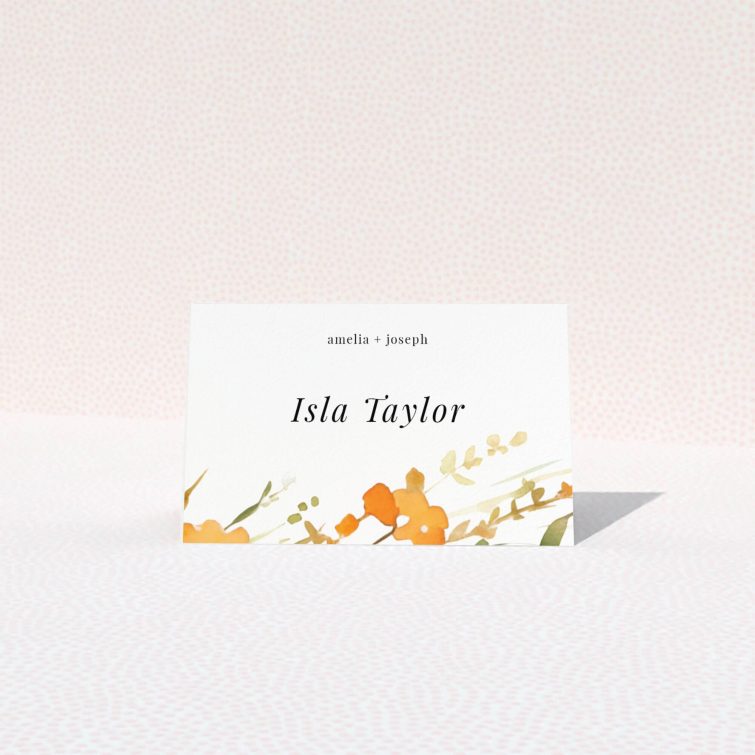 Place cards with delicate botanical wreaths in warm autumnal hues, featuring simple yet sophisticated serif typography for timeless elegance, ideal for couples seeking natural charm in wedding stationery from the Orange Fine Wreath suite This is a view of the front