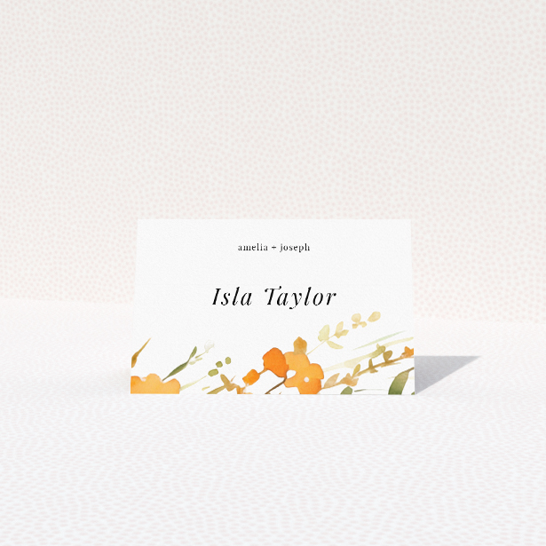 Place cards with delicate botanical wreaths in warm autumnal hues, featuring simple yet sophisticated serif typography for timeless elegance, ideal for couples seeking natural charm in wedding stationery from the Orange Fine Wreath suite This is a view of the front
