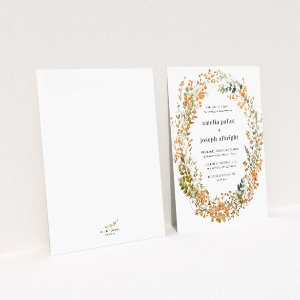 A5 wedding invitation featuring the 'Orange Fine Wreath' botanical design in warm autumnal hues. This image shows the front and back sides together