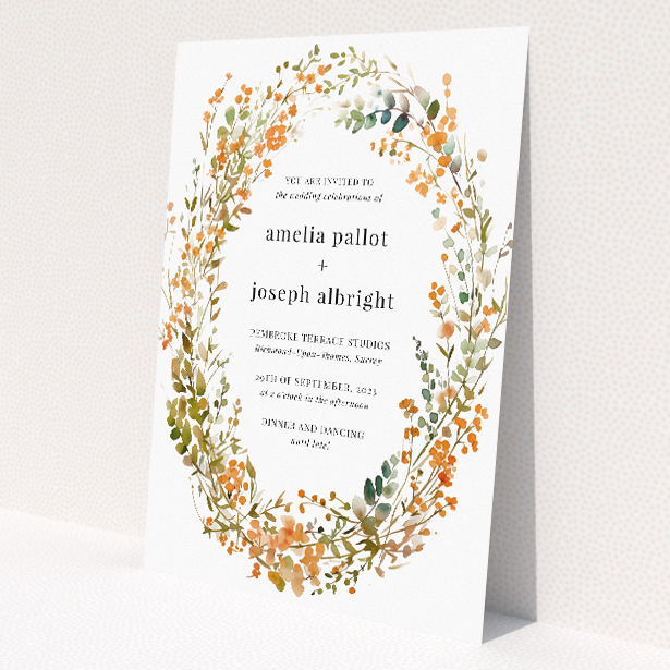 A5 wedding invitation featuring the 'Orange Fine Wreath' botanical design in warm autumnal hues. This is a view of the front