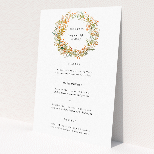 Orange Fine Wreath wedding menu featuring delicate botanical wreaths in warm autumnal tones, accompanied by simple yet sophisticated typography, setting the tone for a celebration infused with natural charm This is a view of the front