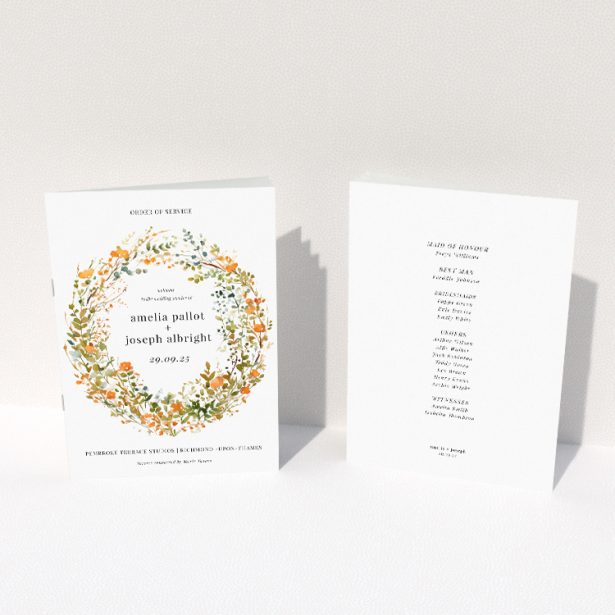 Orange Fine Wreath Wedding Order of Service booklet with delicate wreath of orange and green foliage and blooms. This image shows the front and back sides together