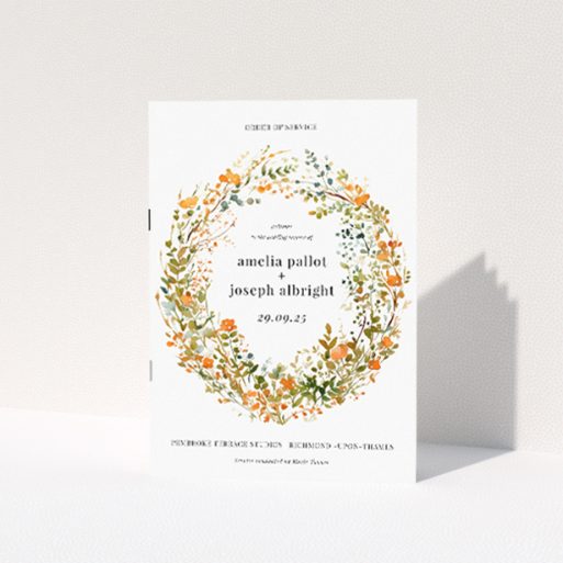 Orange Fine Wreath Wedding Order of Service booklet with delicate wreath of orange and green foliage and blooms. This is a view of the front