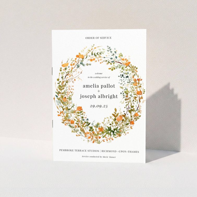 Orange Fine Wreath Wedding Order of Service booklet with delicate wreath of orange and green foliage and blooms. This is a view of the front
