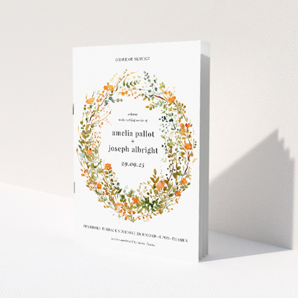 Orange Fine Wreath Wedding Order of Service booklet with delicate wreath of orange and green foliage and blooms. This image shows the front and back sides together