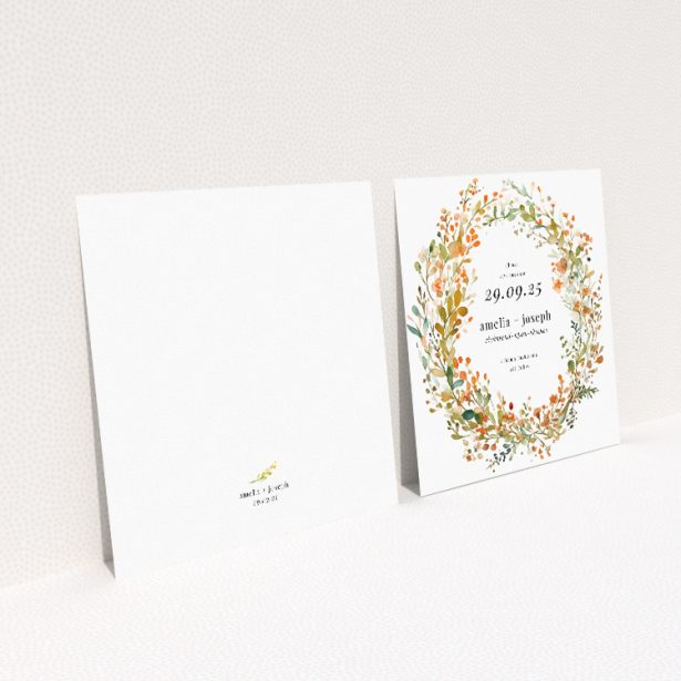 Orange Fine Wreath Wedding Save the Date Card Template - Watercolour Wreath with Orange Blooms and Greenery. This image shows the front and back sides together