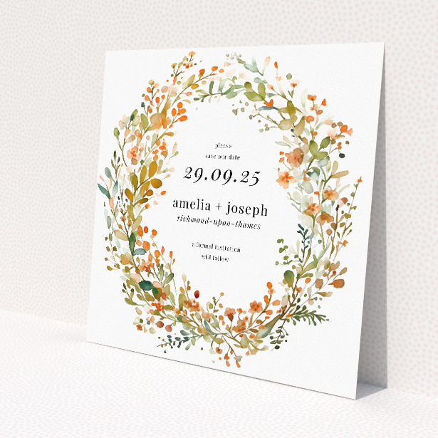 Orange Fine Wreath Wedding Save the Date Card Template - Watercolour Wreath with Orange Blooms and Greenery. This image shows the front and back sides together
