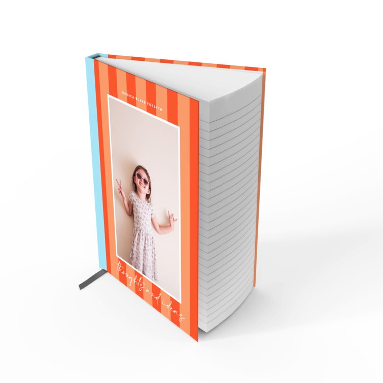 Portrait striped design for personalised notebooks by Utterly Printable featuring one photo on the cover.