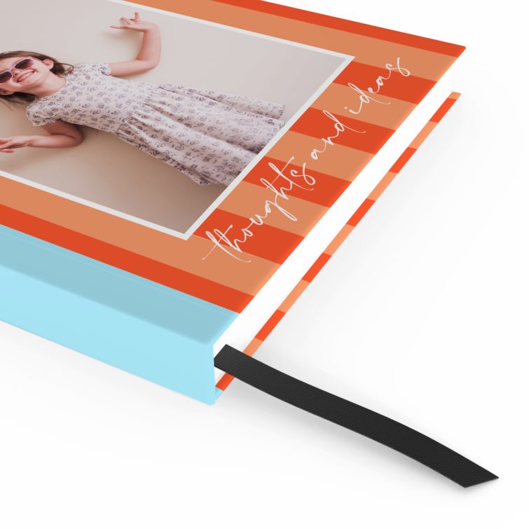 Portrait striped design for personalised notebooks by Utterly Printable featuring one photo on the cover.