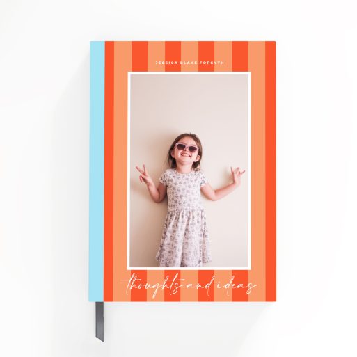 Portrait striped design for personalised notebooks by Utterly Printable featuring one photo on the cover.