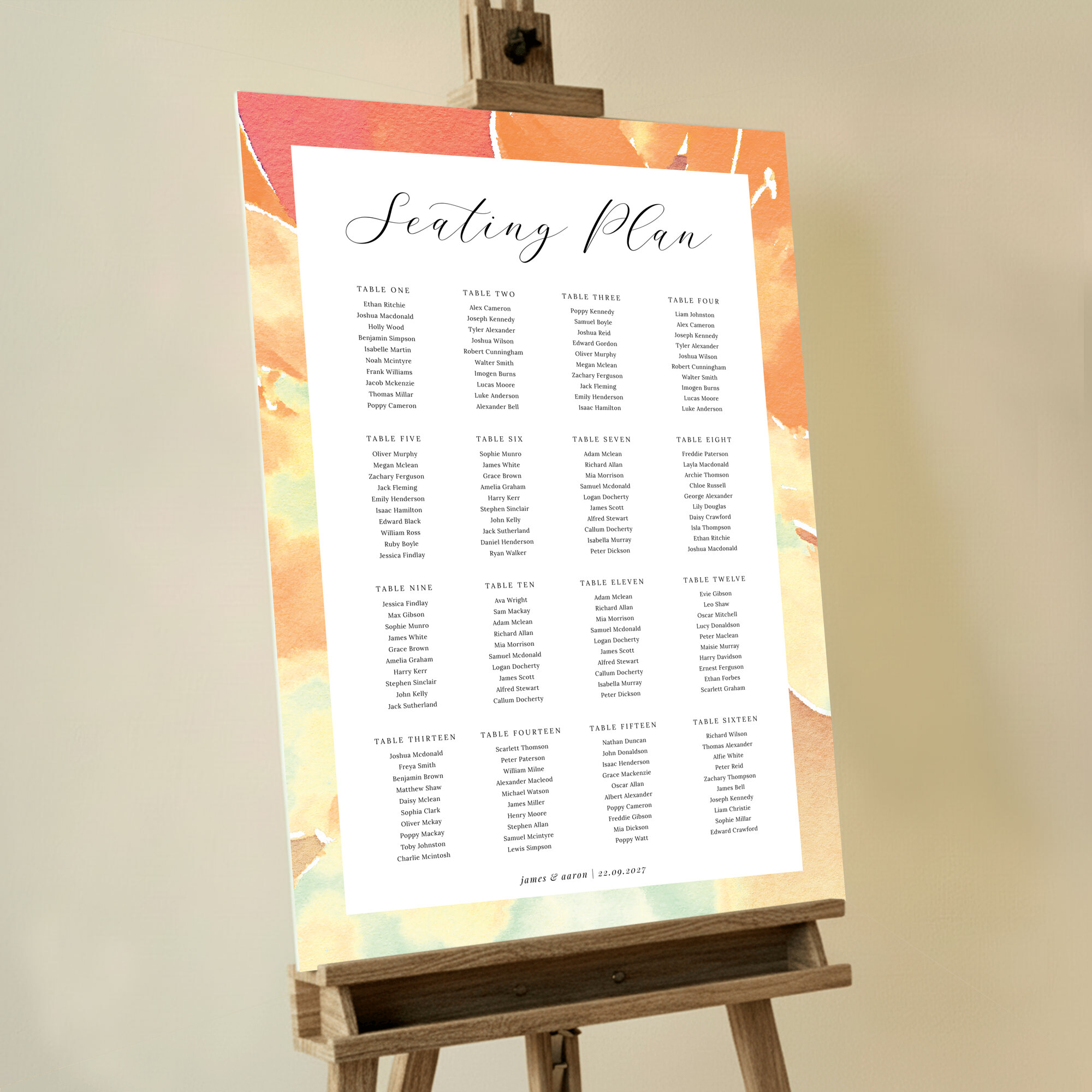 Personalized Orange Watercolours Foamex Seating Plan with vibrant watercolour hues and charming handwritten font. This design is formatted for 16 tables.