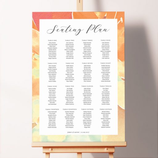 Personalized Orange Watercolours Foamex Seating Plan with vibrant watercolour hues and charming handwritten font. This design is formatted for 16 tables.