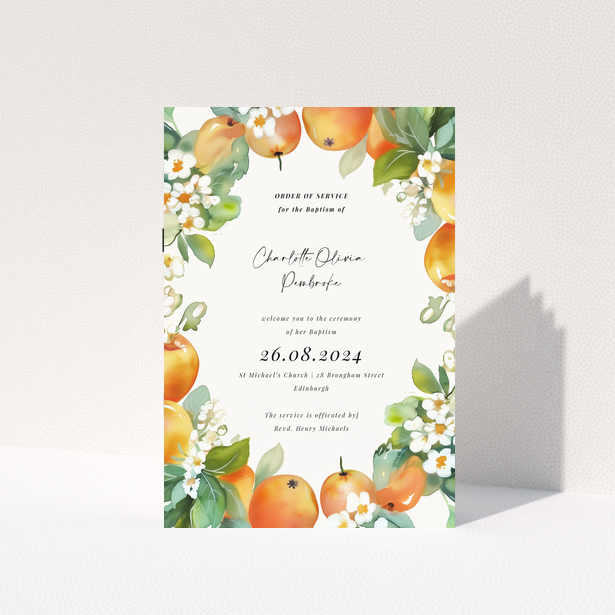 Christening order of service program with floral and fruit design elements, featuring one photo.