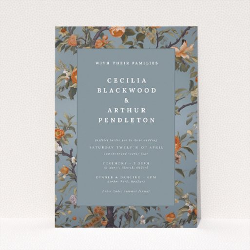 Distinguished A5 wedding invitation with blooming florals on tranquil duck egg blue background, exuding classic sophistication and natural charm This is a view of the front