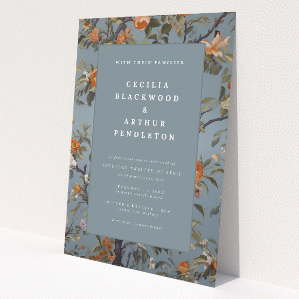 Distinguished A5 wedding invitation with blooming florals on tranquil duck egg blue background, exuding classic sophistication and natural charm This is a view of the front