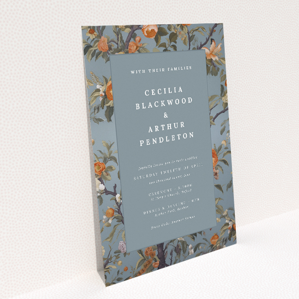 Distinguished A5 wedding invitation with blooming florals on tranquil duck egg blue background, exuding classic sophistication and natural charm This image shows the front and back sides together