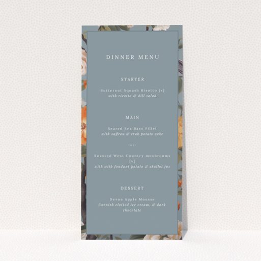 Orchard Blossom Elegance wedding menu template showcasing timeless elegance and natural charm with blooming florals against a serene duck egg blue backdrop This is a view of the front