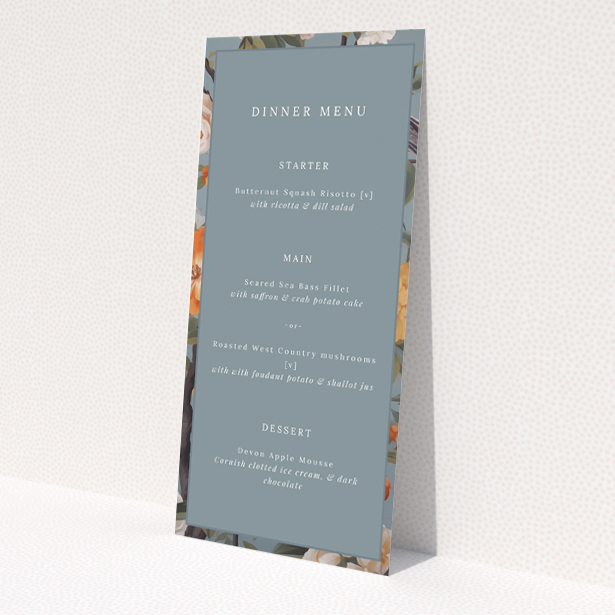 Orchard Blossom Elegance wedding menu template showcasing timeless elegance and natural charm with blooming florals against a serene duck egg blue backdrop This is a view of the back