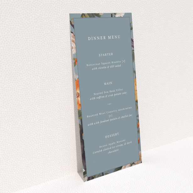 Orchard Blossom Elegance wedding menu template showcasing timeless elegance and natural charm with blooming florals against a serene duck egg blue backdrop This is a view of the back