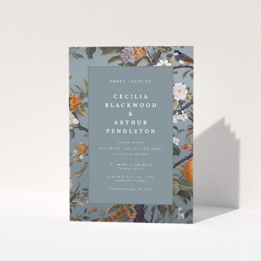 Orchard Blossom Elegance wedding order of service booklet A5 design with pastel blues and gentle floral hues, featuring blossoming flowers, ripe fruits, and a bird symbolizing nature's celebration of union This is a view of the front