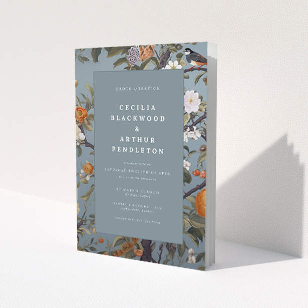 Orchard Blossom Elegance wedding order of service booklet A5 design with pastel blues and gentle floral hues, featuring blossoming flowers, ripe fruits, and a bird symbolizing nature's celebration of union This is a view of the front