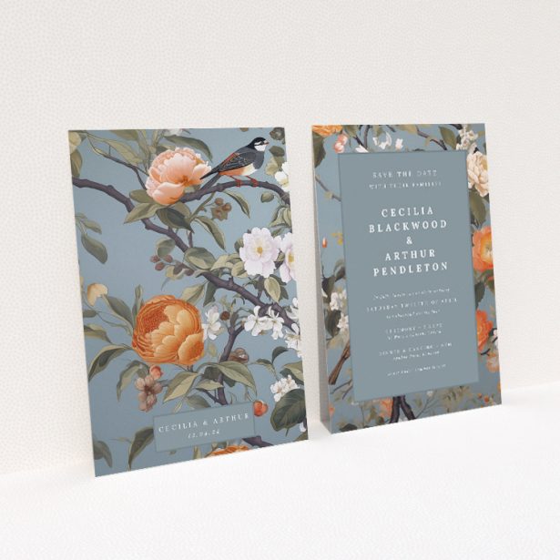 Orchard Blossom Elegance Wedding Save the Date Card - Vintage-inspired floral motif in soft oranges and greys against a muted blue background. Portrait orientation with central grey panel for crisp contrast This is a view of the back