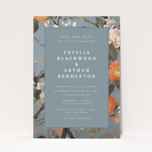 Orchard Blossom Elegance Wedding Save the Date Card - Vintage-inspired floral motif in soft oranges and greys against a muted blue background. Portrait orientation with central grey panel for crisp contrast This is a view of the front