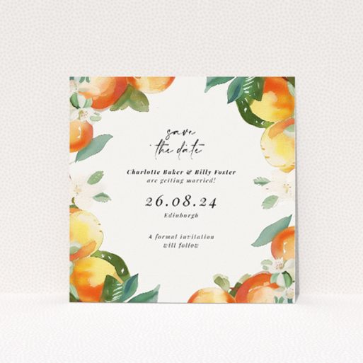 Orchard Blossom wedding save the date card featuring a lush watercolour illustration of citrus fruits and verdant leaves in vibrant hues of orange and lemon, perfect for couples sharing their zest for life and love with their guests This is a view of the front