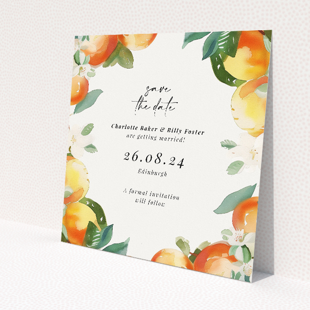 Orchard Blossom wedding save the date card featuring a lush watercolour illustration of citrus fruits and verdant leaves in vibrant hues of orange and lemon, perfect for couples sharing their zest for life and love with their guests This is a view of the front