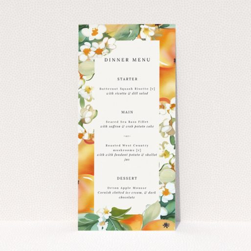 Orchard Blossom wedding menu template featuring lush watercolour fruits and flowers in a palette of peach, orange, and soft greens, perfect for couples seeking a cheerful and inviting tone for their special day This is a view of the front