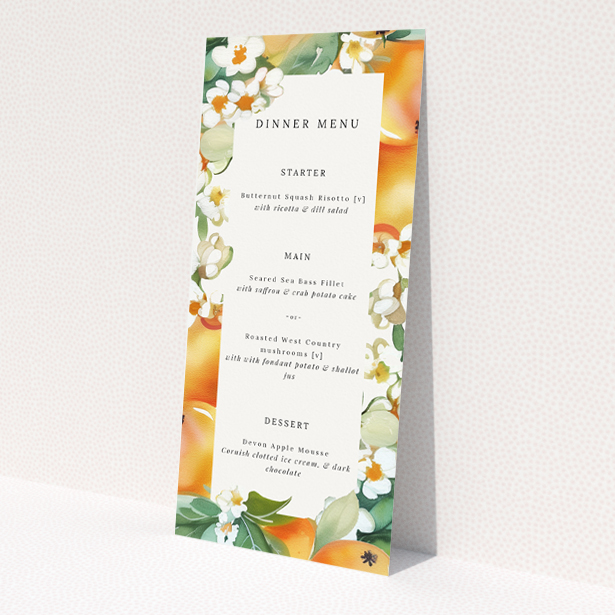 Orchard Blossom wedding menu template featuring lush watercolour fruits and flowers in a palette of peach, orange, and soft greens, perfect for couples seeking a cheerful and inviting tone for their special day This is a view of the front
