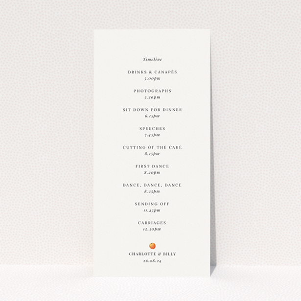 Orchard Blossom wedding menu template featuring lush watercolour fruits and flowers in a palette of peach, orange, and soft greens, perfect for couples seeking a cheerful and inviting tone for their special day This is a view of the back