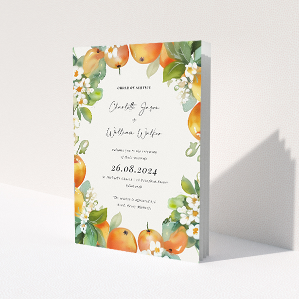 Orchard Blossom Wedding Order of Service A5 booklet featuring a delicate watercolour illustration of fruit and flowers, evoking the lush abundance of an orchard in bloom This is a view of the front
