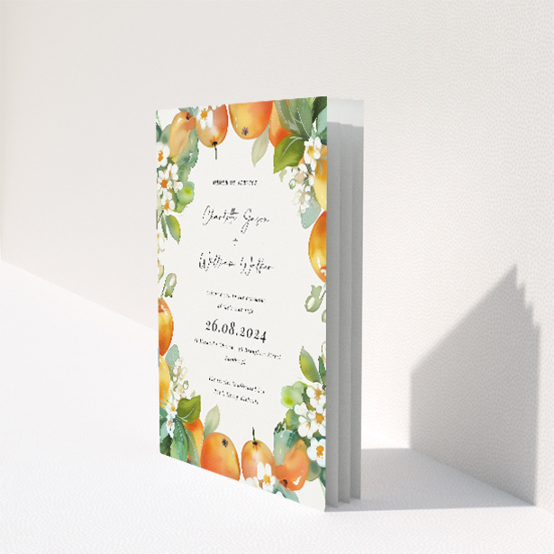 Orchard Blossom Wedding Order of Service A5 booklet featuring a delicate watercolour illustration of fruit and flowers, evoking the lush abundance of an orchard in bloom This image shows the front and back sides together