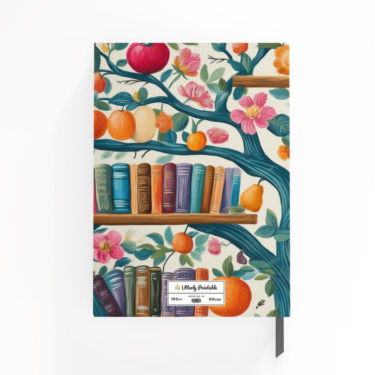 Colourful floral and fruit-themed notebook cover design with books on shelves, featuring one photo placeholder.