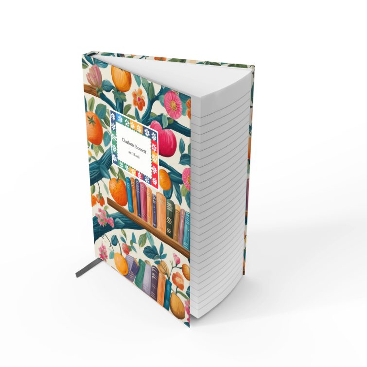 Colourful floral and fruit-themed notebook cover design with books on shelves, featuring one photo placeholder.